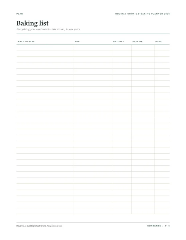 Baking list, real page