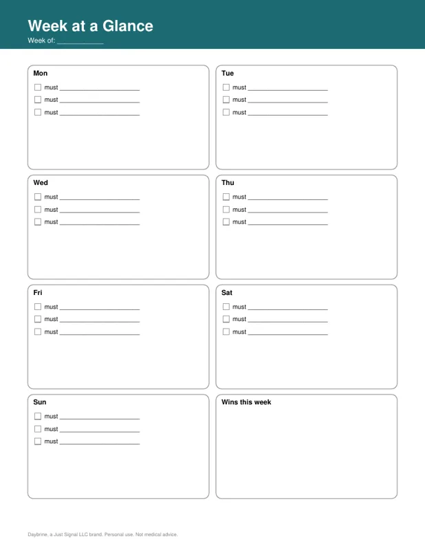 Focus Week Planner, week at a glance page