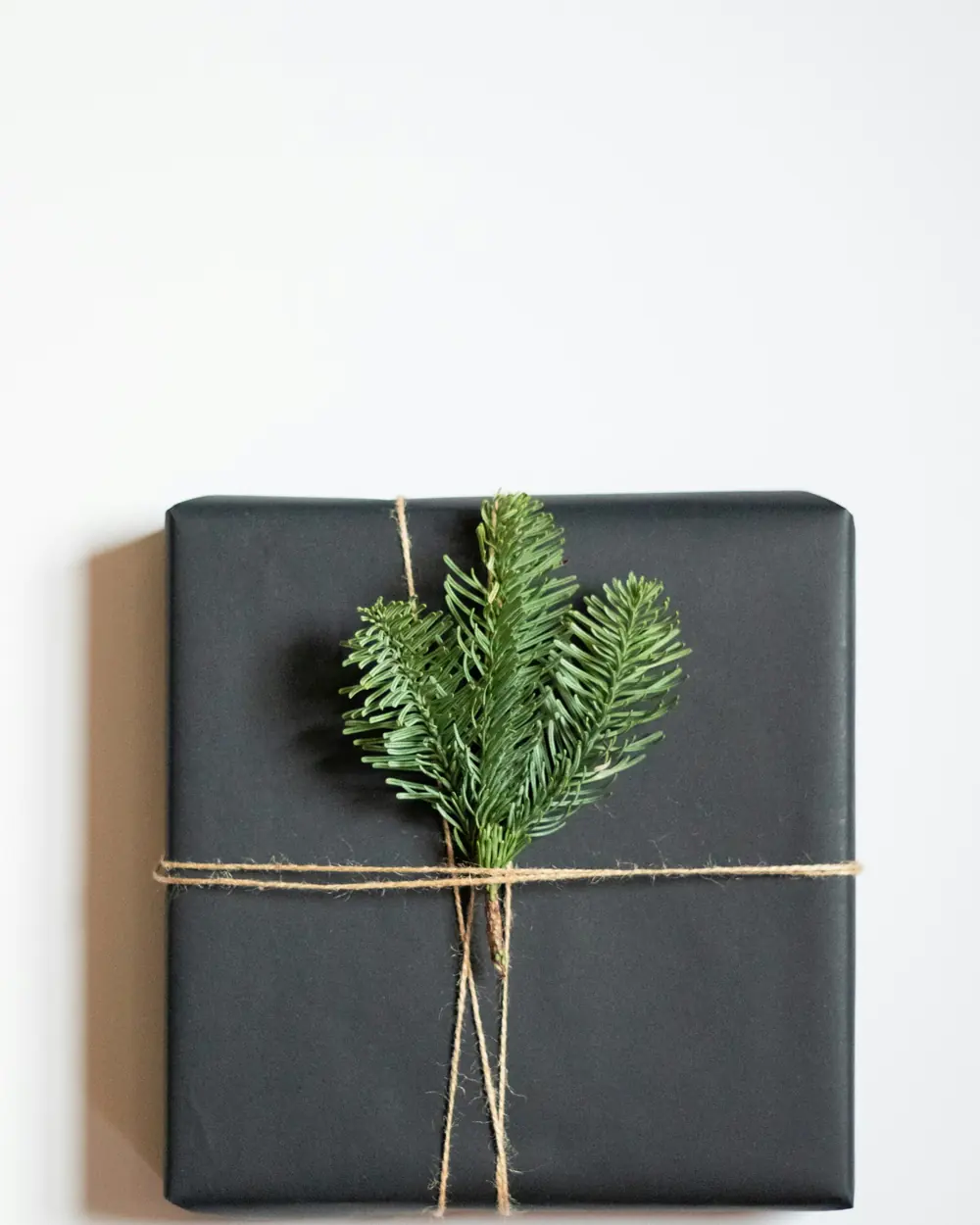 A gift wrapped in dark paper with a pine sprig