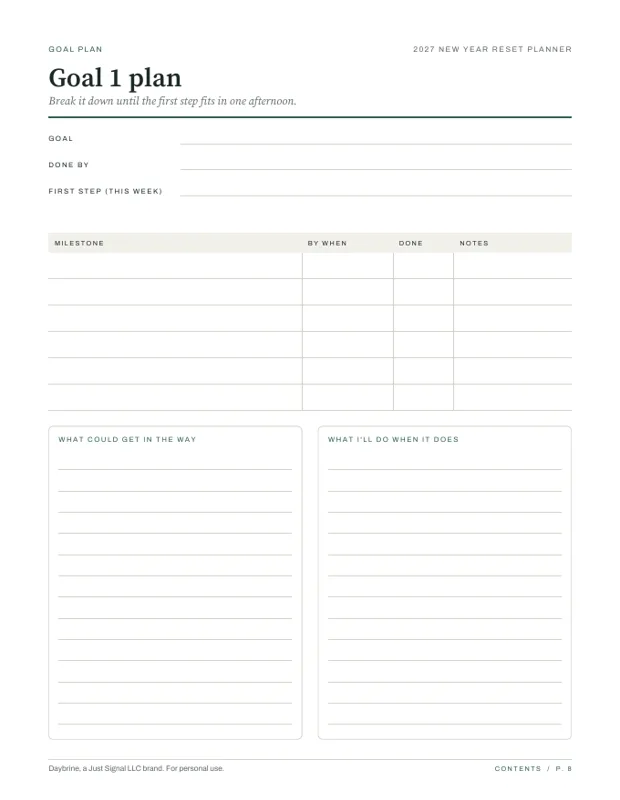 Goal plan, real page